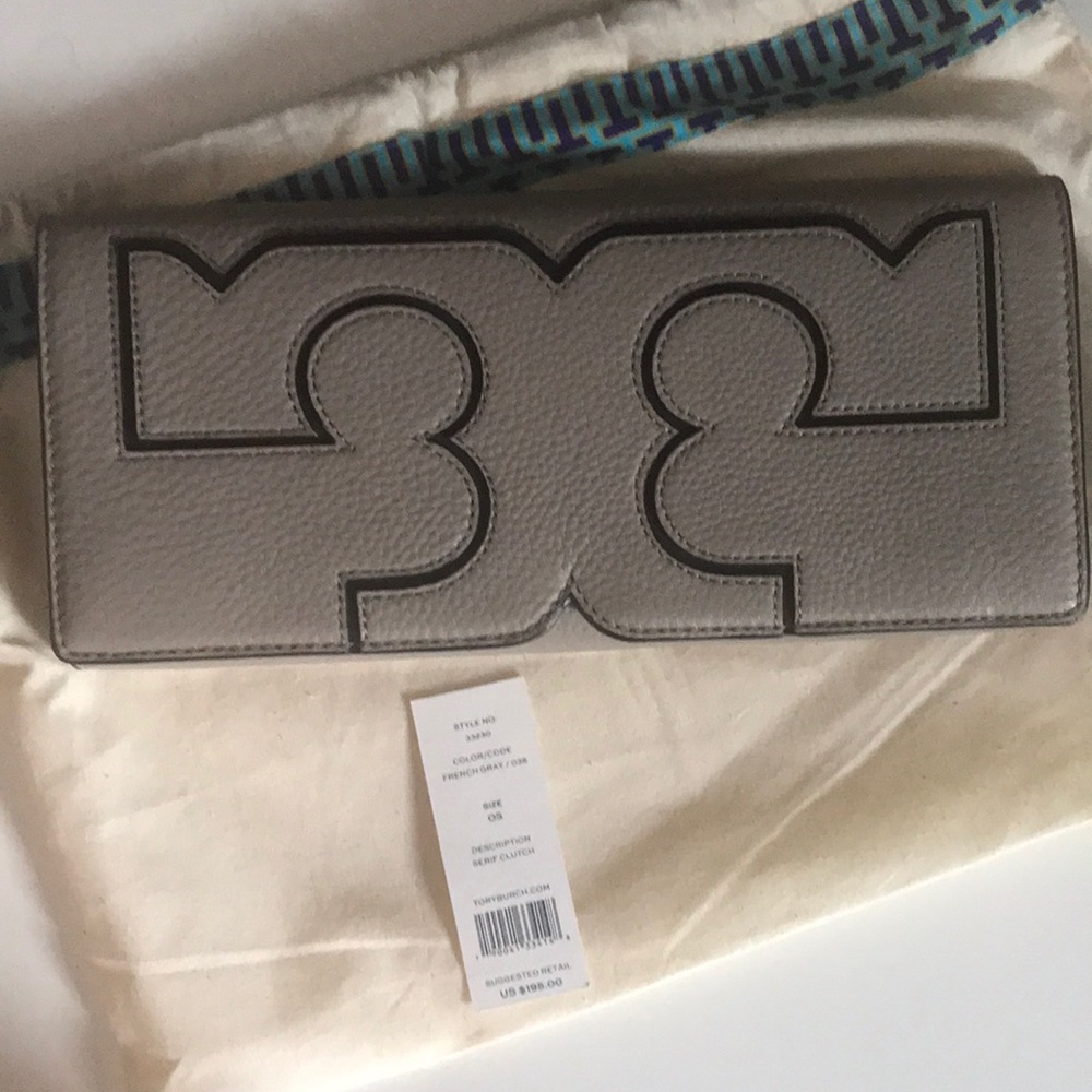 Brand New $195 Tory Burch French Gray Serif Clutch